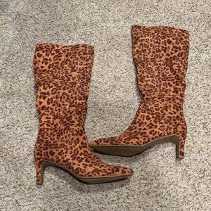 Sugar Leopard-Print Over-the-Knee Boots in Orange and Brown